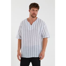 Terapi Men 22Y-4300634-1 Açık V Yaka Oversize Kısa Kollu Çizgili Erkek Gömlek