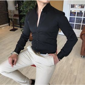 Terzi Adem T4739 Erkek Dik Yaka Siyah Saten Gömlek