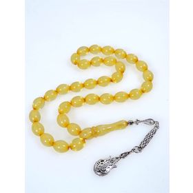 Tesbih Kenti Açık Limon Rengi Tek Dal Püsküllü Toz Kehribar Tesbih