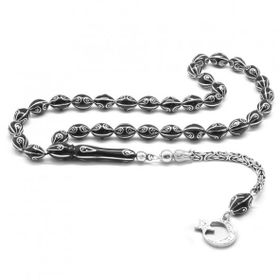 Tesbihane 925 Ayar Gümüş Kral Püsküllü Gümüş İşlemeli Arpa Kesim Erzurum Oltu Taşı Tesbih