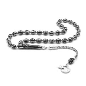 Tesbihane 925 Ayar Gümüş Kral Püsküllü Gümüş İşlemeli Arpa Kesim Erzurum Oltu Taşı Tesbih