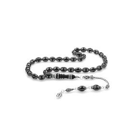 Tesbihane 925 Ayar Gümüş Kral Püsküllü Gümüş İşlemeli Arpa Kesim Erzurum Oltu Taşı Tesbih