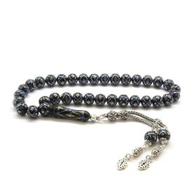 Tesbihane 925 Ayar Gümüş Püsküllü Gümüş Firuze İşleme Küre Kesim Erzurum Oltu Taşı Tesbih