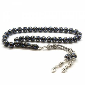 Tesbihane 925 Ayar Gümüş Püsküllü Gümüş Firuze İşleme Küre Kesim Erzurum Oltu Taşı Tesbih