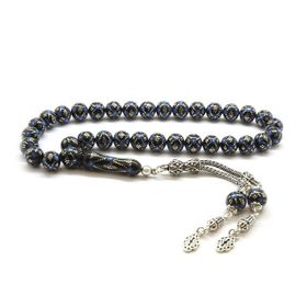 Tesbihane 925 Ayar Gümüş Püsküllü Gümüş Firuze İşleme Küre Kesim Erzurum Oltu Taşı Tesbih