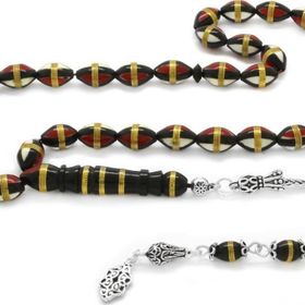 Tesbihane 925 Ayar Gümüş Püsküllü Kırmızı Beyaz Mine Dolgulu Pirinç Sarmal Arpa Kesim Kuka Tesbih