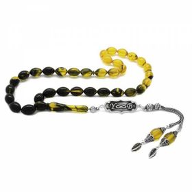 Tesbihane 925 Ayar Gümüş Püsküllü Kişiye Özel Harf Yazılı Sarı Ateş Kehribar Tesbih