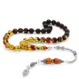 Tesbihane 925 Ayar Gümüş Püsküllü Küre Kesim Bilek Boy Süzme Bala Siyah Ateş Kehribar Tesbih