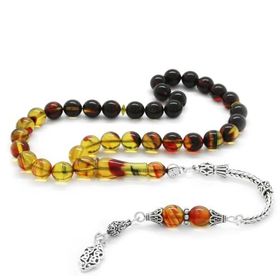 Tesbihane 925 Ayar Gümüş Püsküllü Küre Kesim Bilek Boy Süzme Bala Siyah Ateş Kehribar Tesbih