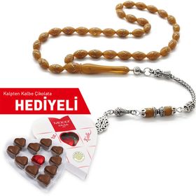 Tesbihane 925 Ayar Tuğra Püsküllü Gümüş İşlemeli Arpa Kesim Sıkma Kehribar Tesbih