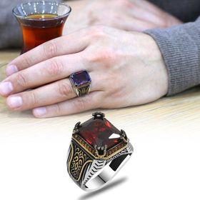 Tesbihane Baget Kesim Kırmızı Zirkon Taşlı Yanları Gotik Süslemeli 925 Ayar Gümüş Erkek Yüzük