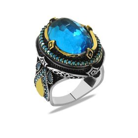 Tesbihane Faset Aqua Zirkon Taşlı Kral Tacı Tasarım Kişiye Özel İsim/Harf Yazılı 925 Ayar Gümüş Erkek Yüzük