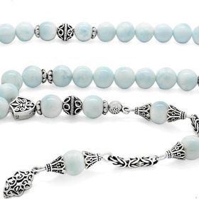 Tesbihane Kolleksiyonluk 925 Ayar Gümüş Püsküllü Larimar Doğaltaş Tesbih