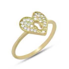 Tesbihane Zirkon Taşlı Kalbimin Kilidi Tasarım Gold Renk 925 Ayar Gümüş Kadın Yüzük