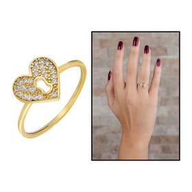 Tesbihane Zirkon Taşlı Kalbimin Kilidi Tasarım Gold Renk 925 Ayar Gümüş Kadın Yüzük