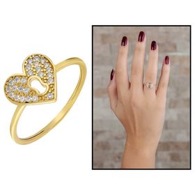 Tesbihane Zirkon Taşlı Kalbimin Kilidi Tasarım Gold Renk 925 Ayar Gümüş Kadın Yüzük