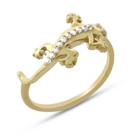 Tesbihane Zirkon Taşlı Kertenkele Tasarım Gold Renk 925 Ayar Gümüş Kadın Yüzük