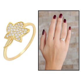 Tesbihane Zirkon Taşlı Kır Çiçeği Tasarım Gold Renk 925 Ayar Gümüş Kadın Yüzük