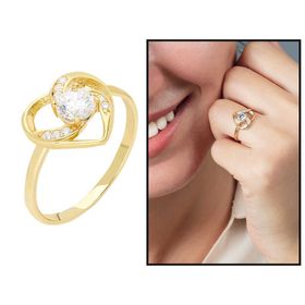 Tesbihane Zırkon Tektaşlı Kalp Tasarım Gold 925 Ayar Gümüş Yüzük