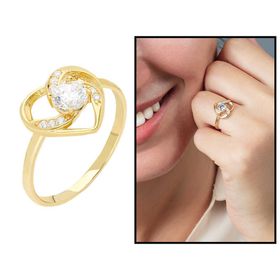 Tesbihane Zırkon Tektaşlı Kalp Tasarım Gold 925 Ayar Gümüş Yüzük