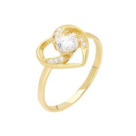 Tesbihane Zırkon Tektaşlı Kalp Tasarım Gold 925 Ayar Gümüş Yüzük