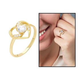 Tesbihane Zırkon Tektaşlı Kalp Tasarım Gold 925 Ayar Gümüş Yüzük