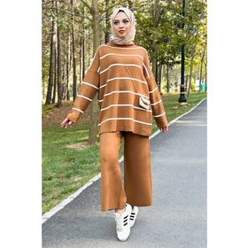 Tesettür Dünyası TSD220905 Kahverengi Çizgili Triko Takım