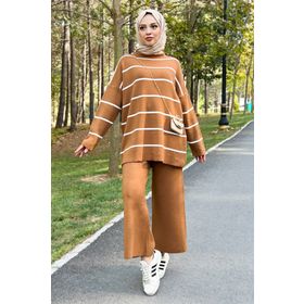 Tesettür Dünyası TSD220905 Kahverengi Çizgili Triko Takım