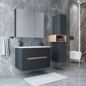 Teta Home Madrid 80 cm MDF Antrasit Atlantik Çam Banyo Dolabı Seti ve Boy Dolabı