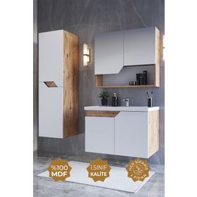 Teta Home Napoli 80 cm MDF Atlantik Çam Beyaz Banyo Dolabı Seti + Boy Dolabı