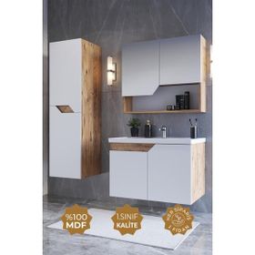 Teta Home Napoli 80 cm MDF Atlantik Çam Beyaz Banyo Dolabı Seti + Boy Dolabı