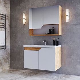 Teta Home Napoli 80 cm MDF Bej Atlantik Çam Banyo Dolabı Seti + Boy Dolabı
