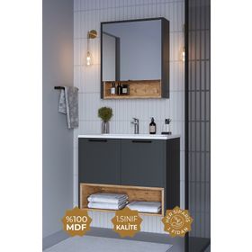 Teta Home Suva Antrasit-Atlantik Çam 65 cm Mdf Banyo Dolabı Seti