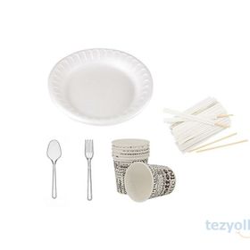 Tezyolla 5'li 50 Adet Yuvarlak Köpük Tabak Karton Bardak Kaşık Çatal Karıştırıcı