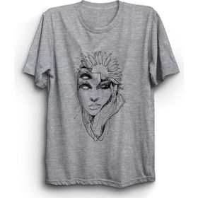 The Fame Flowery Face Çiçek ve Yüz Çizim Gri Kadın T-shirt