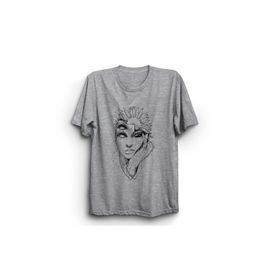 The Fame Flowery Face Çiçek ve Yüz Çizim Gri Kadın T-shirt