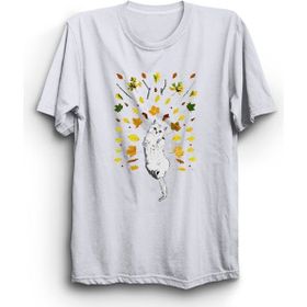 The Fame Yapraklar ve Kedi Leaves And Cat Beyaz Kadın T-shirt