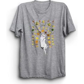 The Fame Yapraklar ve Kedi Leaves And Cat Gri Kadın T-shirt
