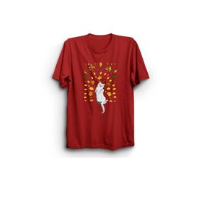 The Fame Yapraklar ve Kedi Leaves And Cat Kırmızı Kadın T-shirt