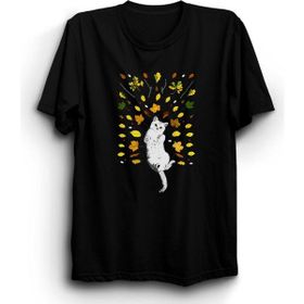 The Fame Yapraklar ve Kedi Leaves And Cat Siyah Kadın T-shirt