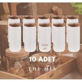The Mia CAM0315 Ahşap Kapaklı Büyük Boy 1000 ML 10 Adet Cam Saklama Kabı