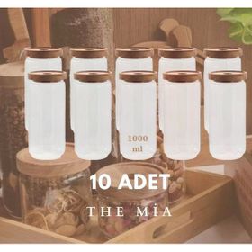 The Mia CAM0315 Ahşap Kapaklı Büyük Boy 1000 ML 10 Adet Cam Saklama Kabı