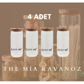 The Mia CAM0315 Ahşap Kapaklı Büyük Boy 1000 ML 4 Adet Cam Saklama Kabı