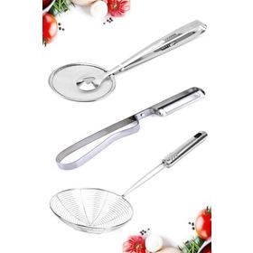 Tilbe Home Çelik Maşalı Kızartma Yağ Süzgeci Metal Yan Soyacak Patates Soyacak Servis Seti Kepçe Kevgir Süzgeç Seti