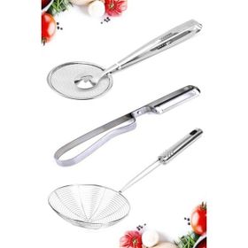 Tilbe Home Çelik Maşalı Kızartma Yağ Süzgeci Metal Yan Soyacak Patates Soyacak Servis Seti Kepçe Kevgir Süzgeç Seti