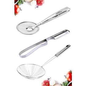 Tilbe Home Çelik Maşalı Kızartma Yağ Süzgeci Metal Yan Soyacak Patates Soyacak Servis Seti Kepçe Kevgir Süzgeç Seti