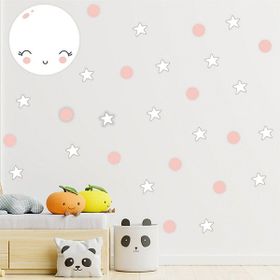 Tilki Dünyası S0003 ST Sevimli Ay Beyaz Yıldızlar ve Pembe Puantiyeler Çocuk Odası Duvar Sticker