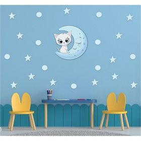 Tilki Dünyası S0008 ST Mavi Bulut Üzerindeki Sevimli Kedi Çocuk Odası Duvar Sticker