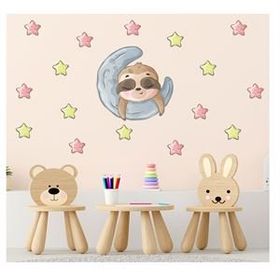 Tilki Dünyası S0010 ST Ay Üzerinde Uyuyan Tembel Hayvan Pembe Sarı Yıldızlar Çocuk Odası Duvar Sticker