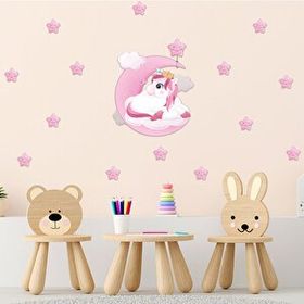 Tilki Dünyası S0014 ST Pembe Bulut Üzerindeki Sevimli Unicorn ve Pembe Yıldızlar Çocuk Odası Duvar Sticker
